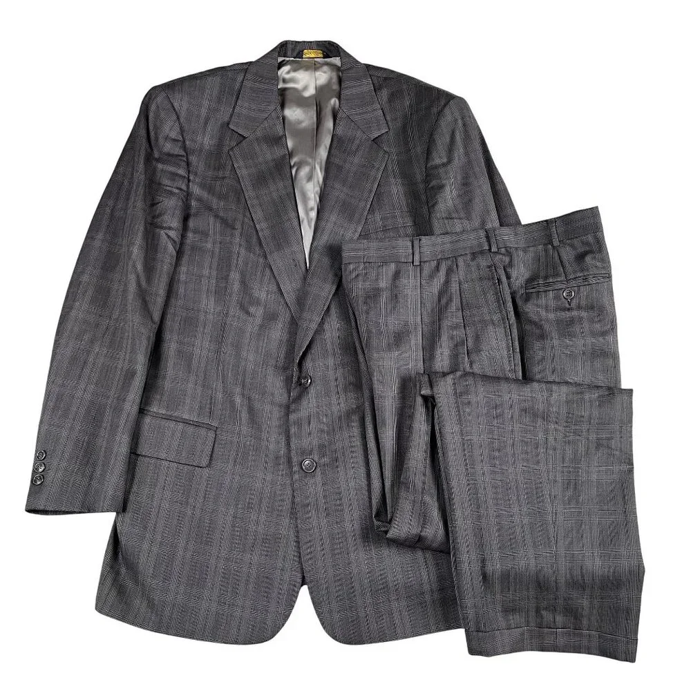 VTG‎ Brooks Brothers Mens 100% Pure Wool Pleated Glen Full Suit Sz 44L Flaw
